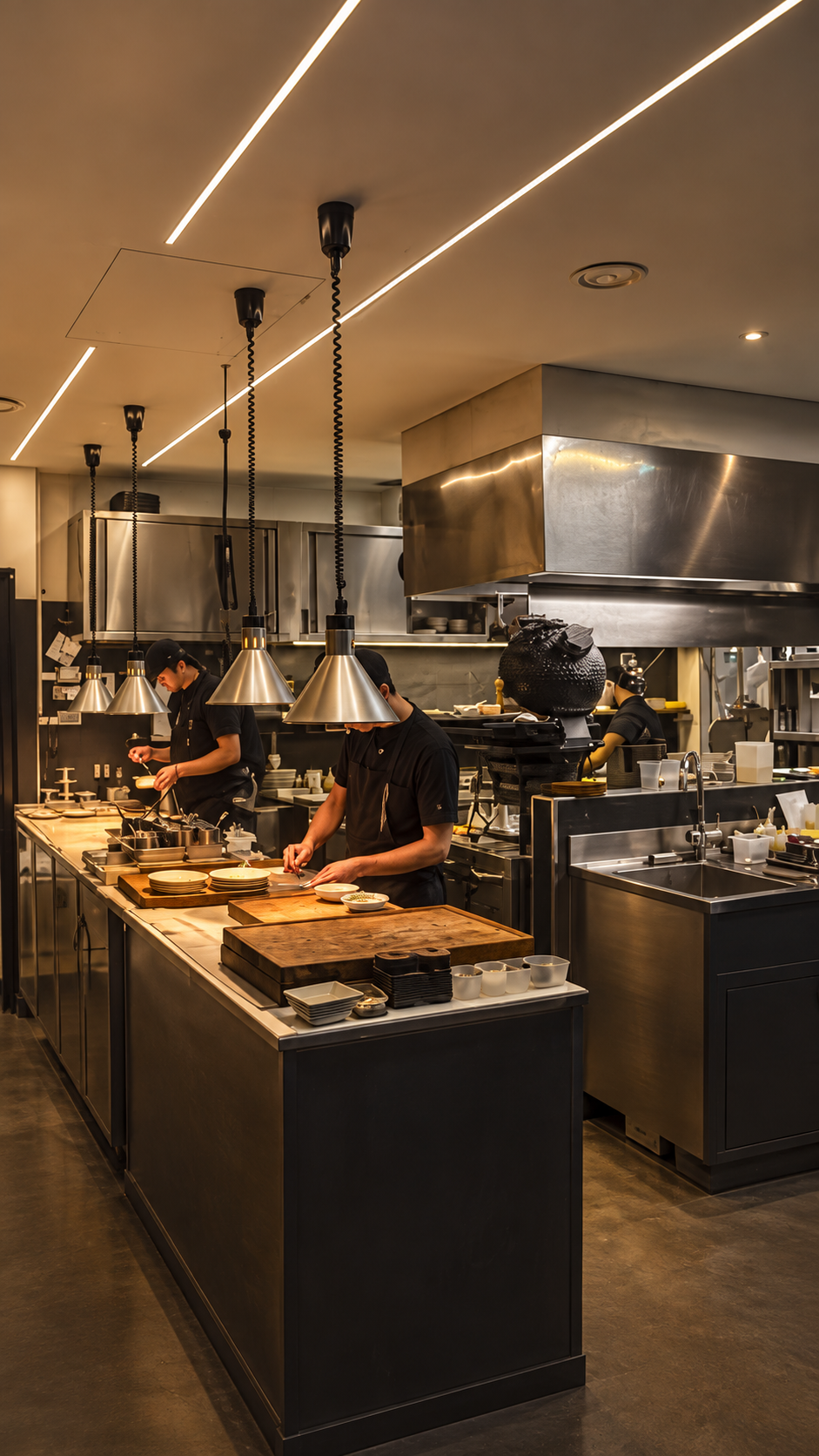 Cocina de restaurante con campana de extracción y personal trabajando